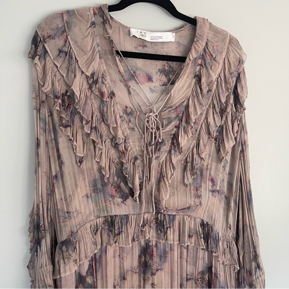 IRO Banon Floral Mini Blouson Dress Ruffles V-Neck Lace Up Size 44 - Picture 8 of 16